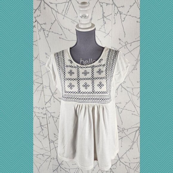 Ella Moss White Embroidered Cotton Modal Blend Flowy Tee - Picture 1 of 5